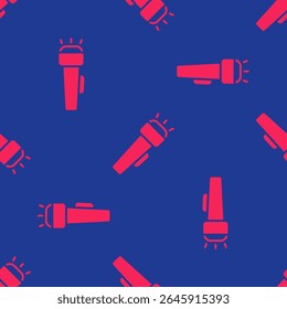 Rote Taschenlampe Symbol einzeln nahtloses Muster auf blauem Hintergrund.  Vektorgrafik