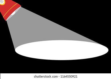 Red flashlight with white rays on a dark background, with space for text. Vector illustration.
