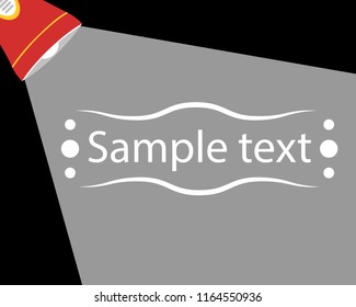 Red flashlight with white rays on a dark background, with space for text. Vector illustration.
