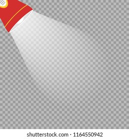 Red flashlight with white rays on isolated transparent background. Vector design element.