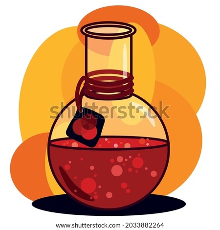Red flask with witchcraft potion isolated on white background. Magical substance in a bottle with bubbles.