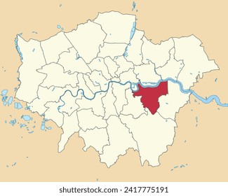 Red flat blank highlighted location map of the ROYAL BOROUGH OF GREENWICH inside beige administrative local authority districts map of London, England
