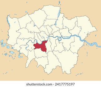Red flat blank highlighted location map of the BOROUGH OF WANDSWORTH inside beige administrative local authority districts map of London, England