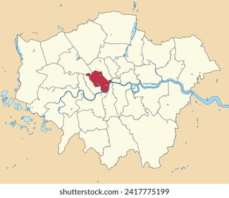 Red flat blank highlighted location map of the CITY OF WESTMINSTER inside beige administrative local authority districts map of London, England