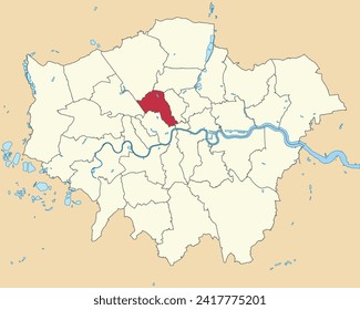 Red flat blank highlighted location map of the BOROUGH OF CAMDEN inside beige administrative local authority districts map of London, England