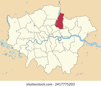 Red flat blank highlighted location map of the BOROUGH OF WALTHAM FOREST inside beige administrative local authority districts map of London, England
