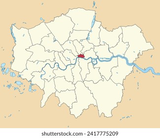 Red flat blank highlighted location map of the CITY OF LONDON inside beige administrative local authority districts map of London, England