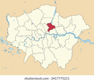 Red flat blank highlighted location map of the BOROUGH OF HACKNEY inside beige administrative local authority districts map of London, England