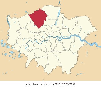 Red flat blank highlighted location map of the BOROUGH OF HARROW inside beige administrative local authority districts map of London, England