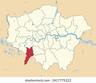 Red flat blank highlighted location map of the ROYAL BOROUGH OF KINGSTON UPON THAMES inside beige administrative local authority districts map of London, England