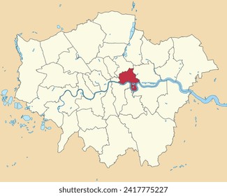 Red flat blank highlighted location map of the BOROUGH OF TOWER HAMLETS inside beige administrative local authority districts map of London, England