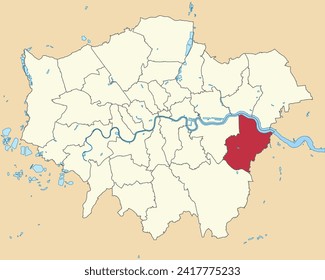 Red flat blank highlighted location map of the BOROUGH OF BEXLEY inside beige administrative local authority districts map of London, England