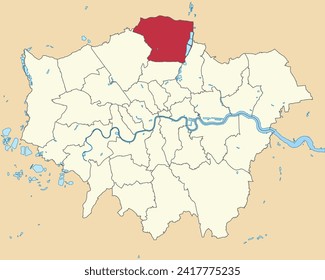 Red flat blank highlighted location map of the BOROUGH OF ENFIELD inside beige administrative local authority districts map of London, England