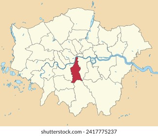 Red flat blank highlighted location map of the BOROUGH OF LAMBETH inside beige administrative local authority districts map of London, England