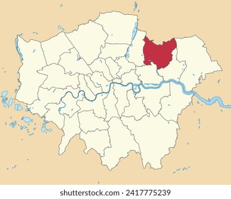 Red flat blank highlighted location map of the BOROUGH OF REDBRIDGE inside beige administrative local authority districts map of London, England