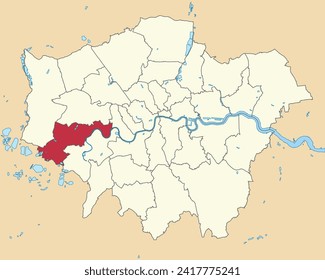 Red flat blank highlighted location map of the BOROUGH OF HOUNSLOW inside beige administrative local authority districts map of London, England