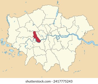 Red flat blank highlighted location map of the BOROUGH OF HAMMERSMITH AND FULHAM inside beige administrative local authority districts map of London, England
