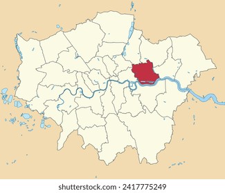 Red flat blank highlighted location map of the BOROUGH OF NEWHAM inside beige administrative local authority districts map of London, England