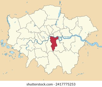 Red flat blank highlighted location map of the BOROUGH OF SOUTHWARK inside beige administrative local authority districts map of London, England