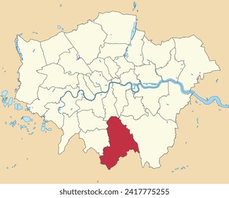 Red flat blank highlighted location map of the BOROUGH OF CROYDON inside beige administrative local authority districts map of London, England