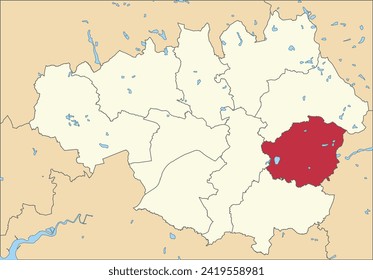 Mapa rojo plano resaltado de ubicación del METROPOLITAN BOROUGH OF TAMESIDE dentro del mapa de distritos de autoridades locales administrativas beige del Gran Manchester, Inglaterra
