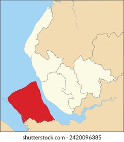 Red flat blank highlighted location map of the METROPOLITAN BOROUGH OF WIRRAL inside beige administrative local authority districts map of Merseyside, England