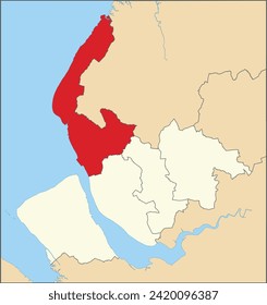 Red flat blank highlighted location map of the METROPOLITAN BOROUGH OF SEFTON inside beige administrative local authority districts map of Merseyside, England