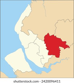 Red flat blank highlighted location map of the METROPOLITAN BOROUGH OF ST HELENS inside beige administrative local authority districts map of Merseyside, England