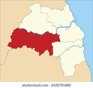 Red flat blank highlighted location map of the METROPOLITAN BOROUGH OF GATESHEAD inside beige administrative local authority districts map of Tyne and Wear, England