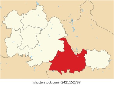 Red flat blank highlighted location map of the METROPOLITAN BOROUGH OF SOLIHULL inside beige administrative local authority districts map of West Midlands, England