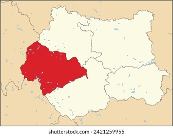 Mapa rojo plano en blanco resaltado de ubicación del METROPOLITAN BOROUGH OF CALDERDALE dentro del mapa de distritos de autoridades locales administrativas beige de West Yorkshire, Inglaterra