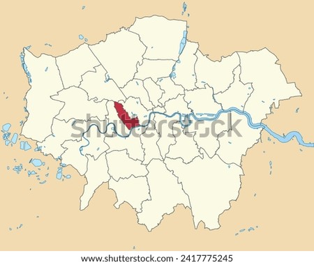 Red flat blank highlighted location map of the ROYAL BOROUGH OF KENSINGTON AND CHELSEA inside beige administrative local authority districts map of London, England