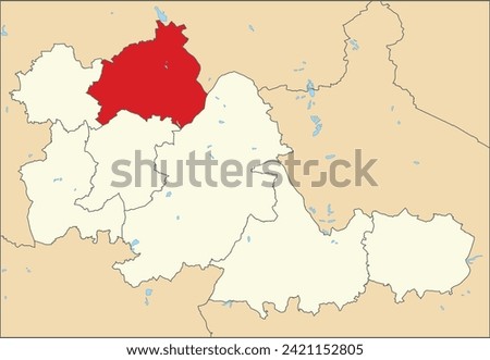 Red flat blank highlighted location map of the METROPOLITAN BOROUGH OF WALSALL inside beige administrative local authority districts map of West Midlands, England