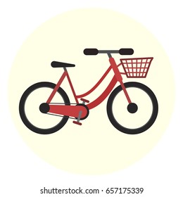 Red flat city bike with front basket, vector bicycle with cart icon, ecological city transport