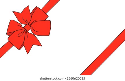 Red flat decorative holiday diagonal ribbon bow for gift card on transparent background in doodle style. Element for gift wrapping, birthday, Christmas, New Year, Valentine's. Isolated vector EPS10