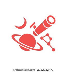 Un diseño rojo y plano que representa Elementos espaciales: telescopio, luna, planeta y una estructura geométrica.
