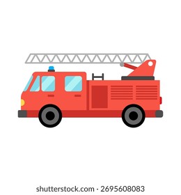 Icono plano rojo del camión de bomberos del diseño con la escalera, representando los servicios de emergencia, rescate, y seguridad
