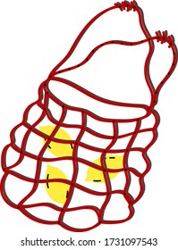 Red flat eco mesh bag with three bright lemons inside and black dots. Fresh products from shopping at the market, Zero -waste, plastic free, concept of life. Stylish vector illustration, icon or logo