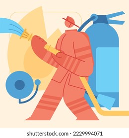 Red flat firefighter cute character Profession Vector illustration