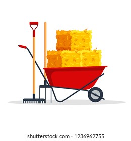 Red flat gardening wheelbarrow with bale of hay, pitchfork, rake isolated on white background. Flat dried haystack, farming haymow, agricultural rural haycock, haymaking time - vector illustration