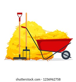 Red flat gardening wheelbarrow with bale of hay, pitchfork, rake isolated on white background. Flat dried haystack, farming haymow, agricultural rural haycock, haymaking time - vector illustration