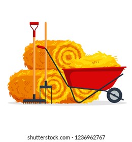 Red flat gardening wheelbarrow with bale of hay, pitchfork, rake isolated on white background. Flat dried haystack, farming haymow, agricultural rural haycock, haymaking time - vector illustration