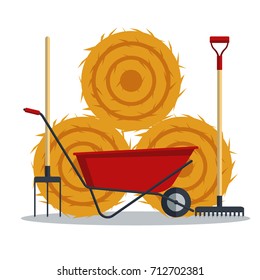 Red flat gardening wheelbarrow with hay, rake and pitchfork isolated on white background. Tool constraction farming wheel icon equipment - vector illustration