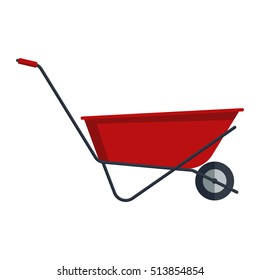 Red flat gardening wheelbarrow isolated on white background. Tool constraction farming wheel icon equipment.