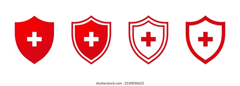 Red flat health insurance icon set, medical health protection shield symbol with cross, healthcare medicine icon. Vector eps10