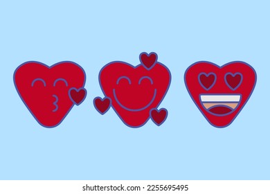 Red flat heart shaped face emoji set. Retro 50s 60s 70s 80s 90s style emoticon. Emoticons vector collection: smile, laugh, love, winking, happy, heart, kiss.