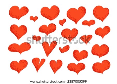 Red flat hearts with dotted texture. Vector textured elements collection. Unique illustration for St Valentines day. Good for stickers, pattern