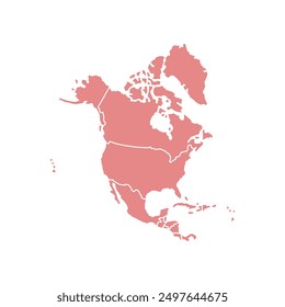 Red flat North America isolated map on white background. High detailed, with country set. Include USA, Canada, Mexico, Cuba, Guatemala, Haiti, Dominican Republic, Honduras, Nicaragua.
