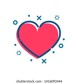 Red flat outline decorated heart isolated on white background.