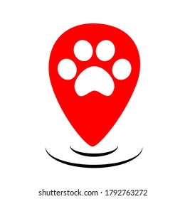 Red flat pets gps logo design. Paw on map marker vector. Animal walking takes care with location position. Navigation sign for pet web app. Cute happy dog.